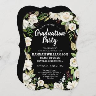 Black White Floral Class of 2021Graduation Party Invitation