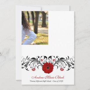 Black White Floral Red Daisy Graduation Invitation
