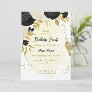 black & white flowers gold birthday party invitation