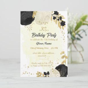 black  white flowers gold botanical birthday party invitation
