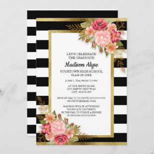 Black White Gold and Pink Floral Graduation Party Invitation
