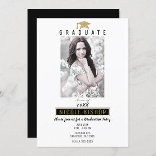 Black White Gold Photo Graduate Graduation Party  Invitation