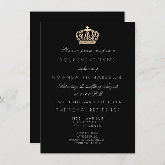 Black White Golden Crown Royal Glitter 16th Bridal Invitation