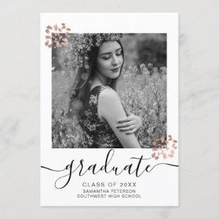 Black white graduate photo rose gold graduation invitation