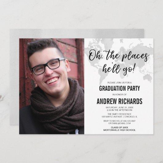 Black white grey travel theme graduation photo invitation