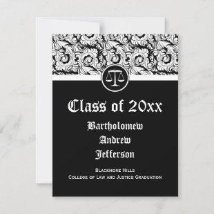 Black/White Justice Scales Law School Graduation Invitation