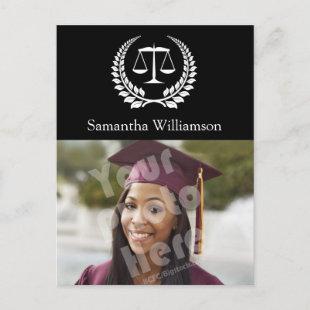 Black/White Laurel Law School Graduation Announcement Postcard