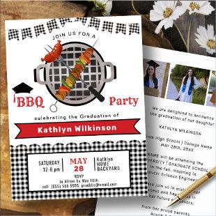 Black White Plaid Red 3 Photo Graduation BBQ Party Invitation
