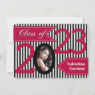 Black White Red Striped Photo Graduation Invite