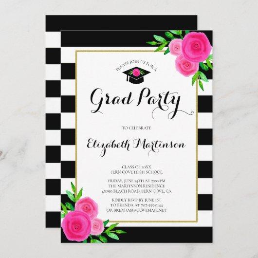 Black White Striped Watercolor Floral Grad Party Invitation