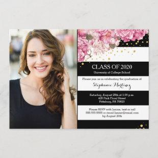 Black white stripes, pink floral photo graduation invitation