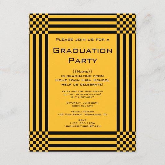 Black Yellow Checkers Stripes Graduation Party Invitation