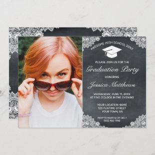 Blackboard & White Lace Graduation Photo Invitation