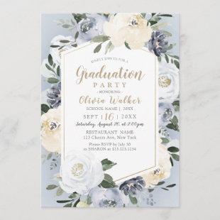 Blooming botanical dusty blue floral graduation invitation