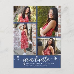 Blue 4 Photo Graduation Modern Girly Script Hearts Invitation Postcard