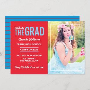 Blue and Cherry Red Graduation Party Photo Invitation