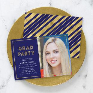 Blue and Faux Gold Geometric Photo Grad Party Invitation