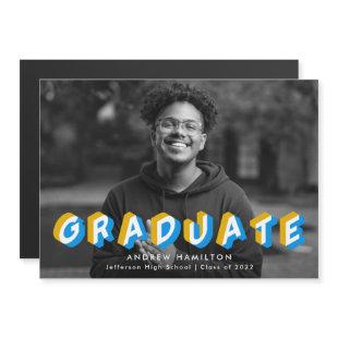 Blue and Gold | Anaglyph Photo Graduation Magnetic Invitation