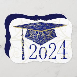 Blue and Gold Floral Cap 2024 Graduation Party Invitation