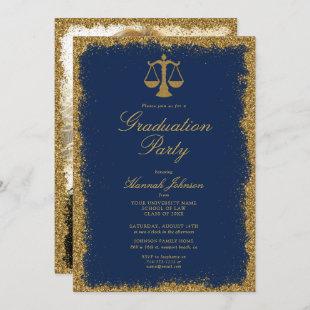 Blue and Gold Glitter Law School Photo Graduation Invitation