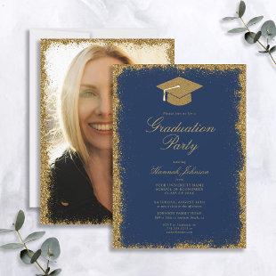 Blue and Gold Glitter Photo Graduation Party Invitation