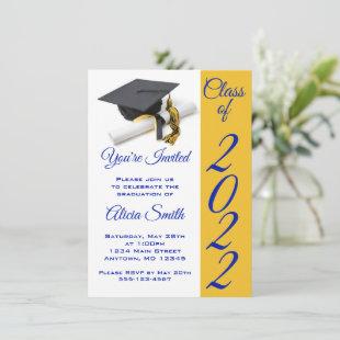 Blue and Gold Graduation Cap and Tassel Invitation