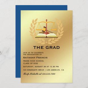 Blue and Gold Lawyer Graduation Party Invitation