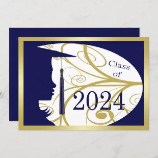 Blue and Gold Silhouette 2024 Graduation Party Invitation