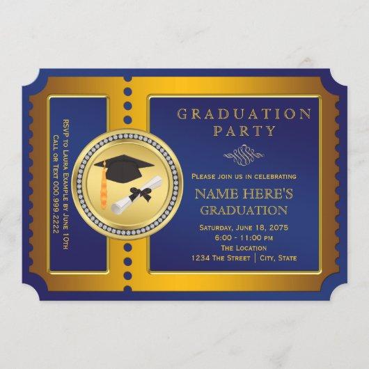Blue and Gold Ticket Graduation Party Invitation