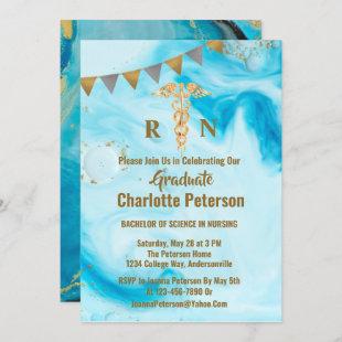 Blue And Gold Watercolor Nurse Graduation Party  Invitation