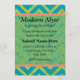 Blue and Green Chevron Off To College Party Invite