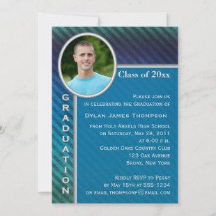 Blue and Green Stripe Photo Graduation Invitation