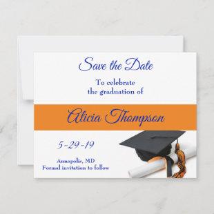 Blue and Orange Graduation Cap and Tassel Save The Date