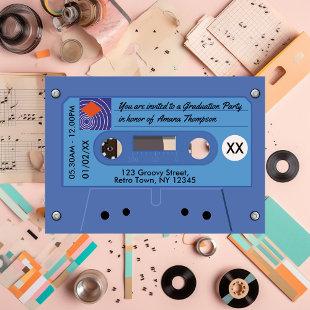 Blue and Orange Retro Cassette Graduation Party Invitation