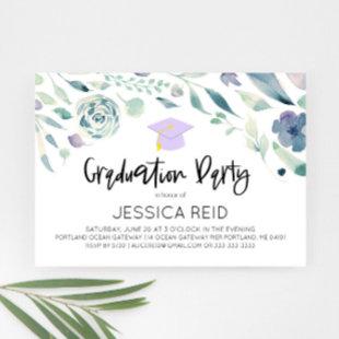 Blue and Purple Floral Themed Graduation Party Invitation