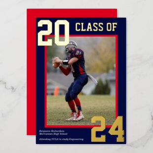 Blue and Red Sporty Varsity Graduation Photo Foil Holiday Card