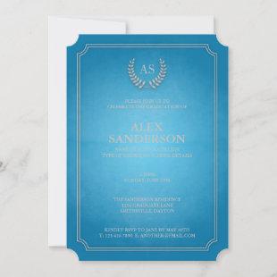 Blue and Silver Monogram/Laurel Wreath Graduation Invitation