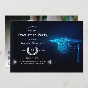 Blue and White Glow Virtual Graduation Party Photo Invitation