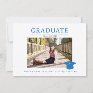 Blue and White Simple Photo Graduation Party Invitation