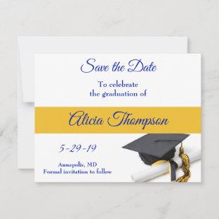Blue and Yellow Graduation Cap and Tassel Save The Date