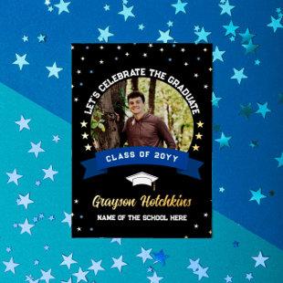 Blue Black Gold Stars Celebrate the Graduate Photo Foil Invitation