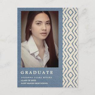 Blue Boho Textile Texture Photo Unisex Graduation Announcement Postcard