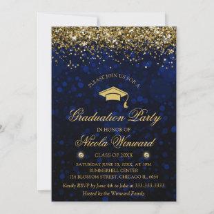 Blue Bokeh & Gold Glitter Graduation Party Invitation