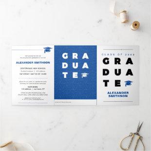 Blue Bold GRADUATE Letters and Cap Graduation Tri-Fold Announcement