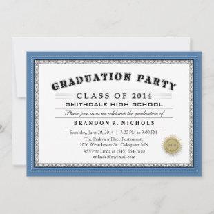 Blue Border Diploma Style Grad Party Invitation