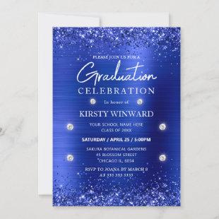 Blue Brushed Metal and Glitter Graduation Invitation
