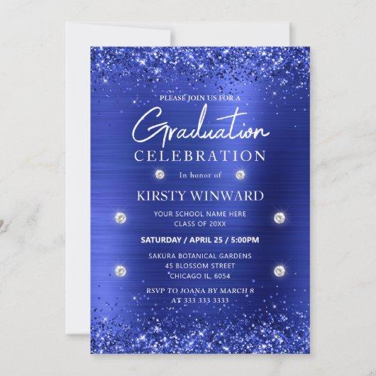 Blue Brushed Metal and Glitter Graduation Invitation