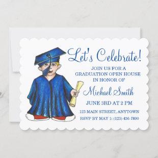 Blue Cap Gown School Graduation Party Open House Invitation