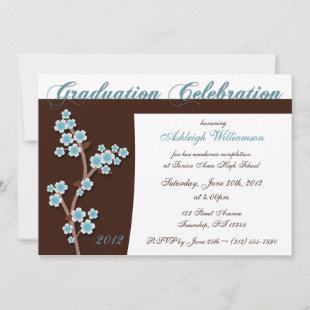 Blue Cherry Blossom Brown Graduation Invitations