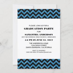 Blue Chevron Glitter Graduation Party Invite